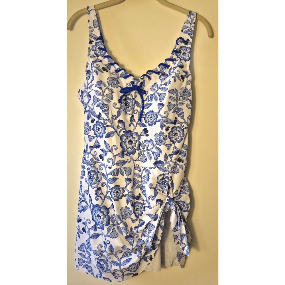 New Rotita Floral Blue & White Swim Dress Size L Cruise Swim Beach Pool
